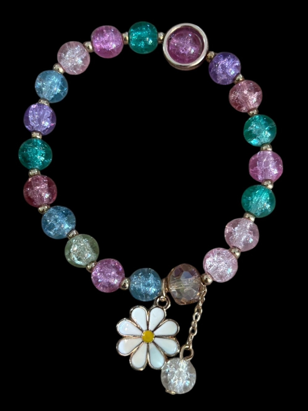 Multicolor Crackle Bead Stretch Bracelet w/ Daisy Charm Gold Tone Hardware